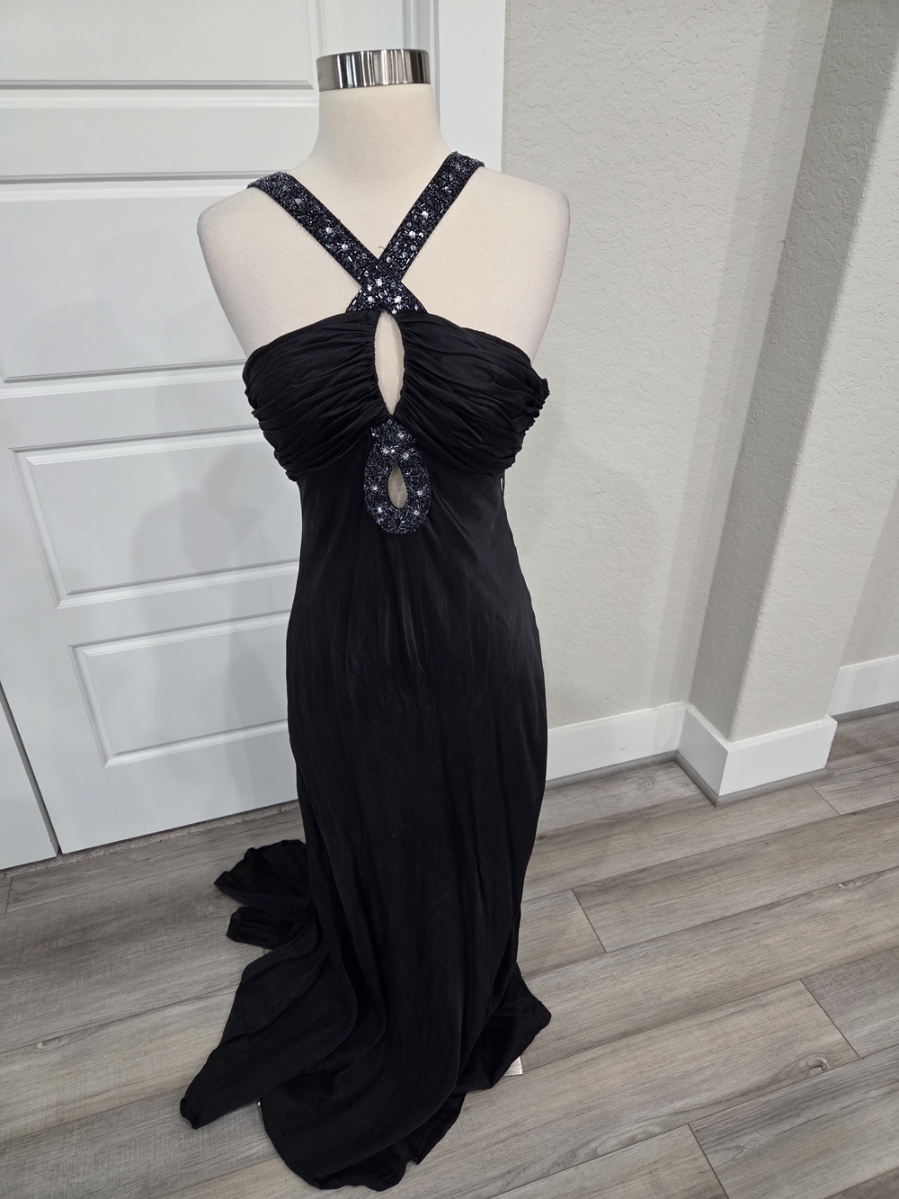 AIDAN MATTOX Niteline Black Backless Sequin-Trim Silk Evening Gown SIZE 4
